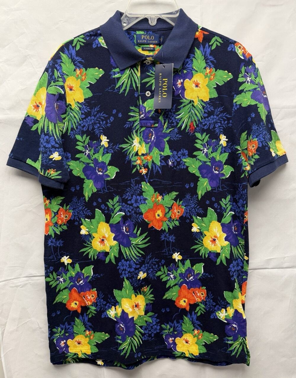 Polo Ralph Lauren Hawaiian Polo Men Medium Blue Floral Tropical Classic Fit Navy